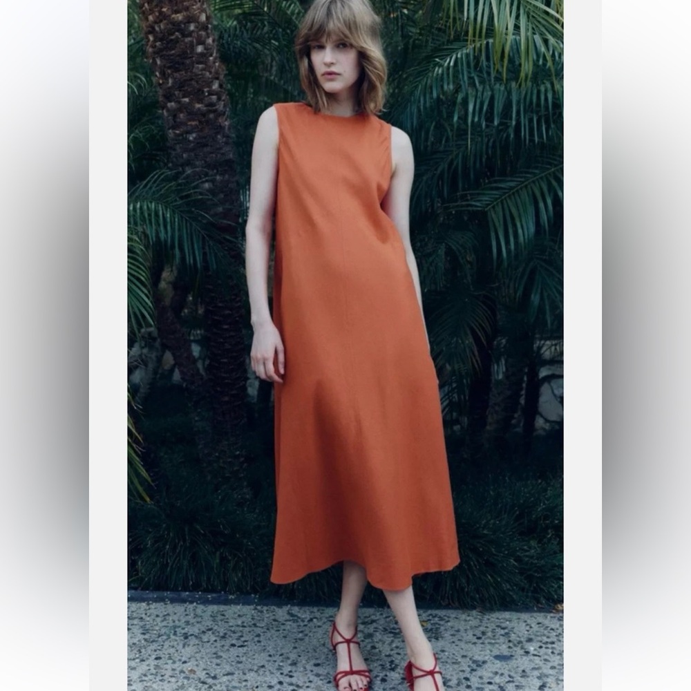 Zara Orange Sleeveless Linen Blend Maxi Sheath Dress Size Small